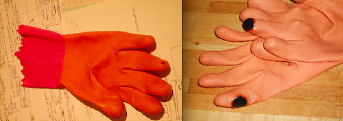 Repaired plastic gloves, Katelijn van der Heyden