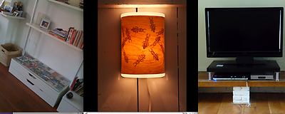 V.l.n.r: STOLMEN shelf hack van Maxim van Wijk; Termite lamp van Rebecca Harvey; TV meubel van Jeroen van Iersel