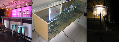 From left to right: Bar stools by Dick Evers Design Team; Horizontal display cabinet by Reinhold Bogaard; FULLMOON HOLDER by Maria Katkova